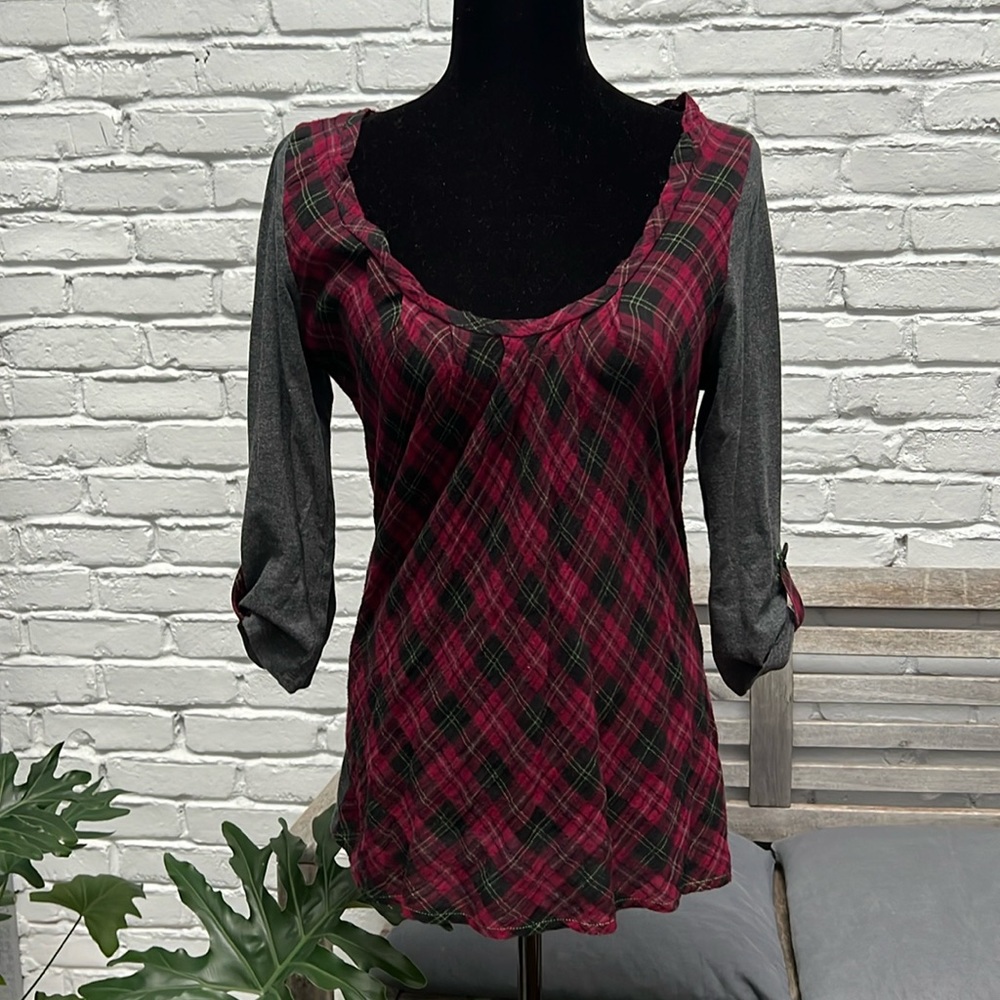 🍇 Anthropologie One September Plaid Flannel Scoop Neck Top, size Small